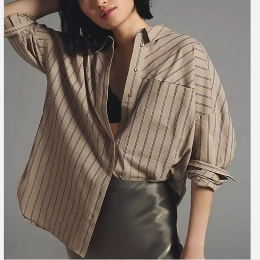 Striped Beige Button-Up Women's Top